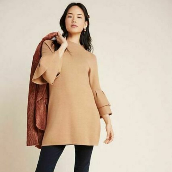 Anthropologie Ruffled Sleeve Sweater Knit Tunic Dress Honey/Camel Sz M $130 - Picture 3 of 11